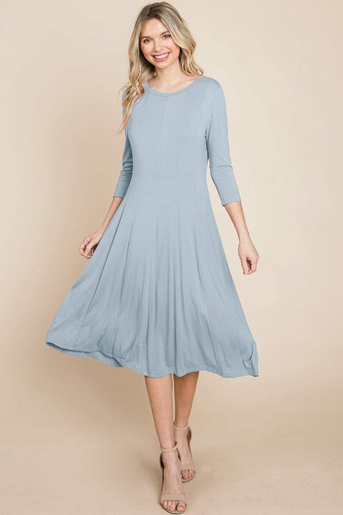 Pleated 3/4 Sleeve A line Flare Midi Jersey Modest Dress – Jen Clothing