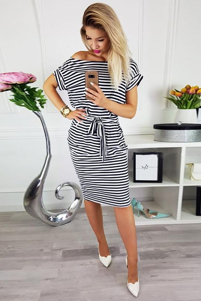 Modest Dresses - Black White Striped Modest T-shirt Dress – Jen Clothing