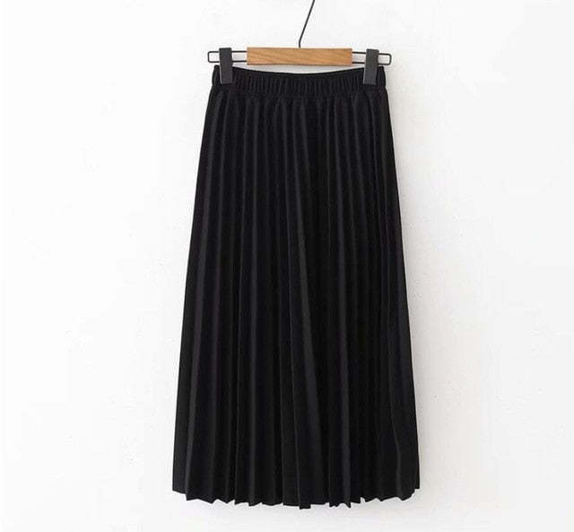 Modest Skirts for Women High Waist Pleated Black Elastic Waist Midi Sk ...